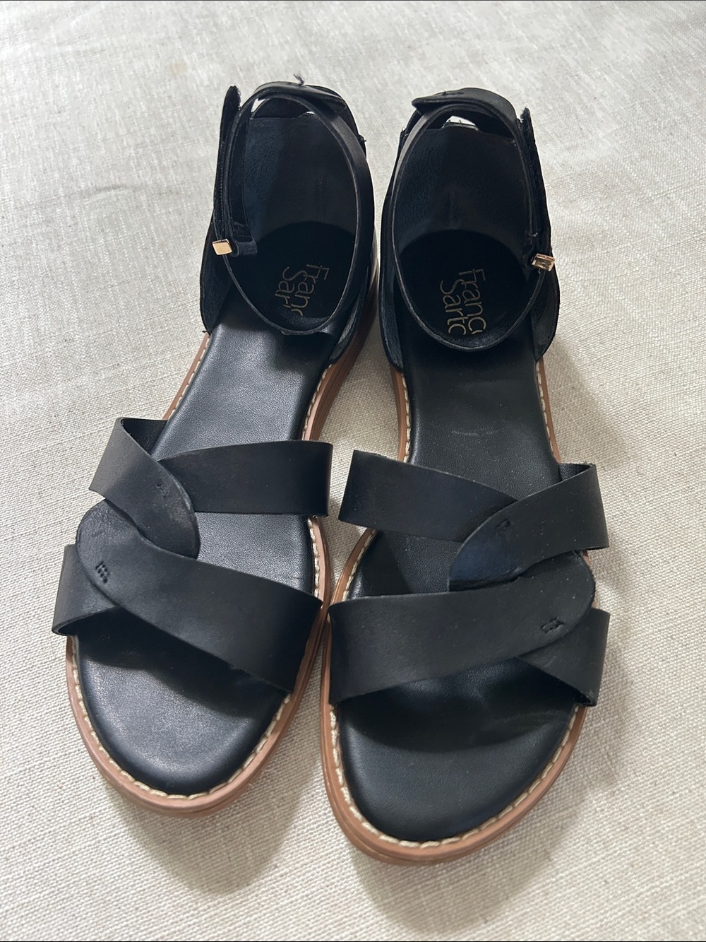 Franco Sarto Giola Black Leather Sandals Size 8 Crisscross Modern Ankle-Strap